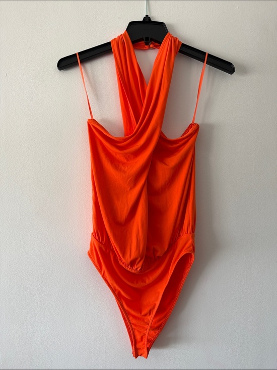 Zara Tops - Zara Orange Draped Halter Neck Bodysuit Size M Crossed Sleeveless Top Neon